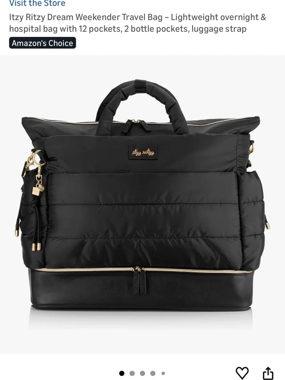 Itzy Ritzy Black Quilted Baby Bag with Gold Accents